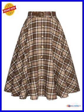 Plaid A-Line Midi Skirt High Waisted Pleated Flared with Pockets Belt